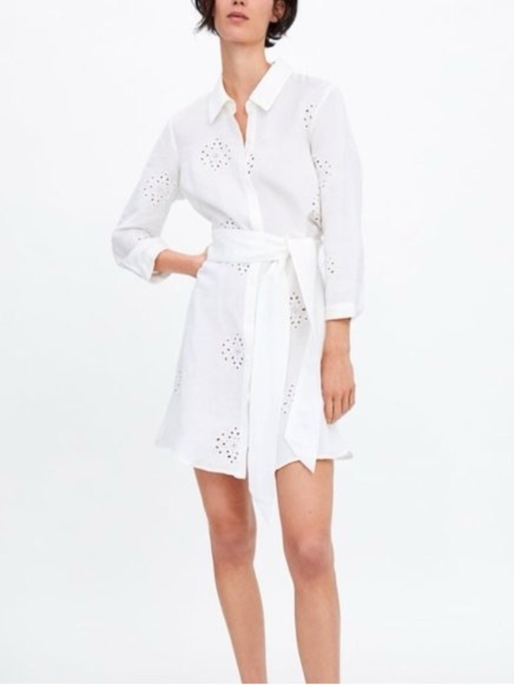 Zara off white eyelet lace dress with tie waist, size XS